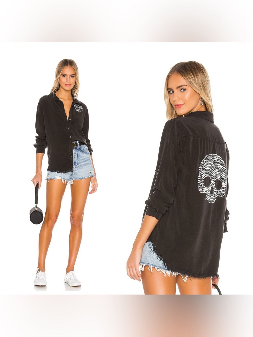 NWT Lauren Moshi Sloane Nailhead Skull Button Up Denim Shirt in Onyx